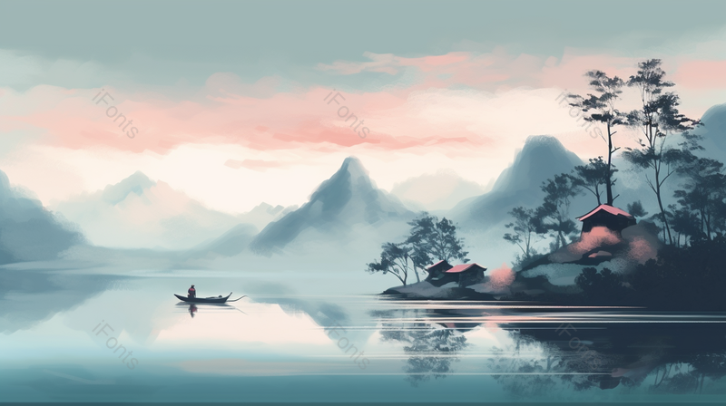 新中式彩色水墨风山峰云层房屋树木小船水面山水画,插画/手绘图,插画/手绘图库,插画/手绘图下载,插画/手绘